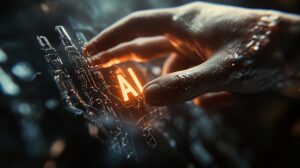 Mão humana tocando interface digital com os dizeres: AI.