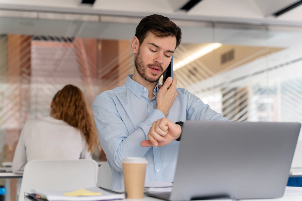 Homem ao telefone de frente para um laptop.